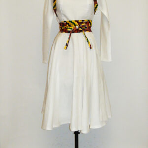 White Linen Shrug, Bustier and Circle Skirt Trimmed In African-Inspired Fabric.