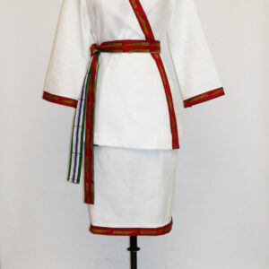 White Linen Three Quarter Length Belted Kimono Jacket And Pencil Skirt Trimmed In African-Inspired Fabric