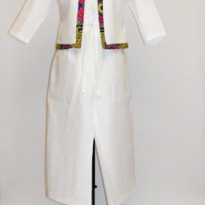 White Linen Crop Jacket and Tuxedo Culotte Trimmed in African-Inspired Cotton Fabric