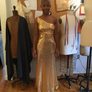 Gold Sequined Custom One-Shoulder Red Carpet Gown