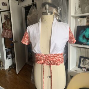 Client Kim Fields Custom White Cotton Tie-Front Short Sleeved Blouse In Orange Zebra Print