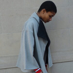 Swing Coat - Black Wool Lined Grey Jersey / Cat Suit - Grey Jersey Trimmed In Red, White And Blue