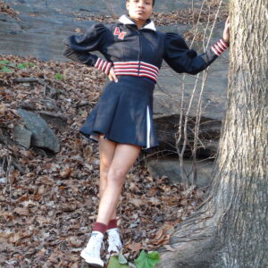 Cropped Hooded Bomber Jacket And Tennis Skirt - White Mesh Lined Black Wool Trimmed In Red, White And Blue