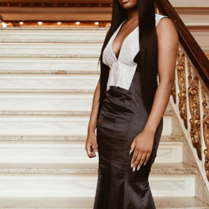 Client RiAnn in Satin and Chain Mail Evening Gown